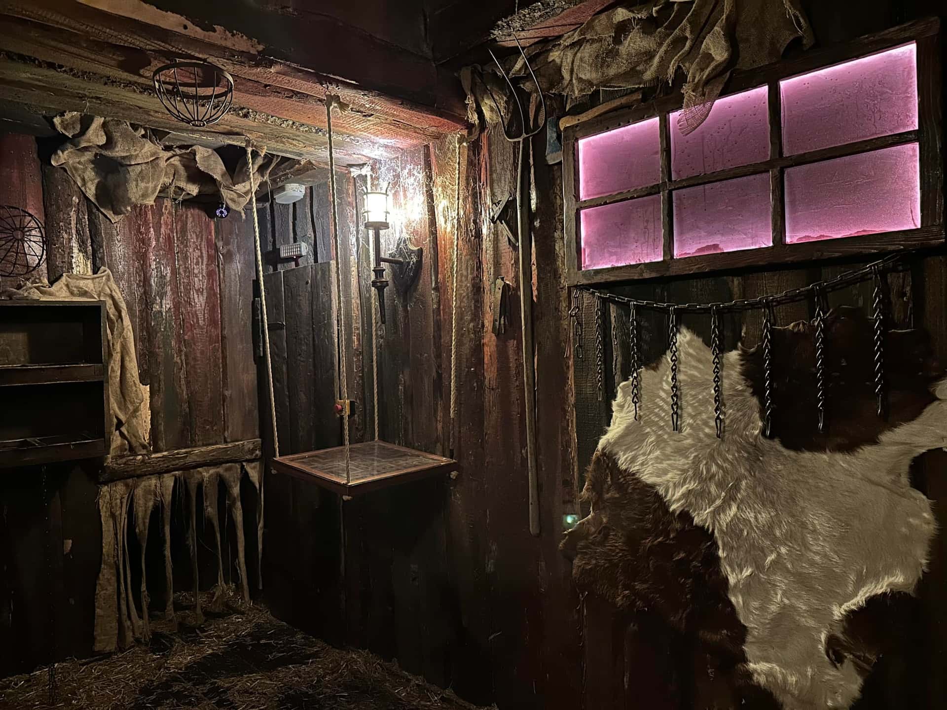 Holzkammer mit violettem Fenster und Kuhfell im Escape Room Der Henker in Rosenheim